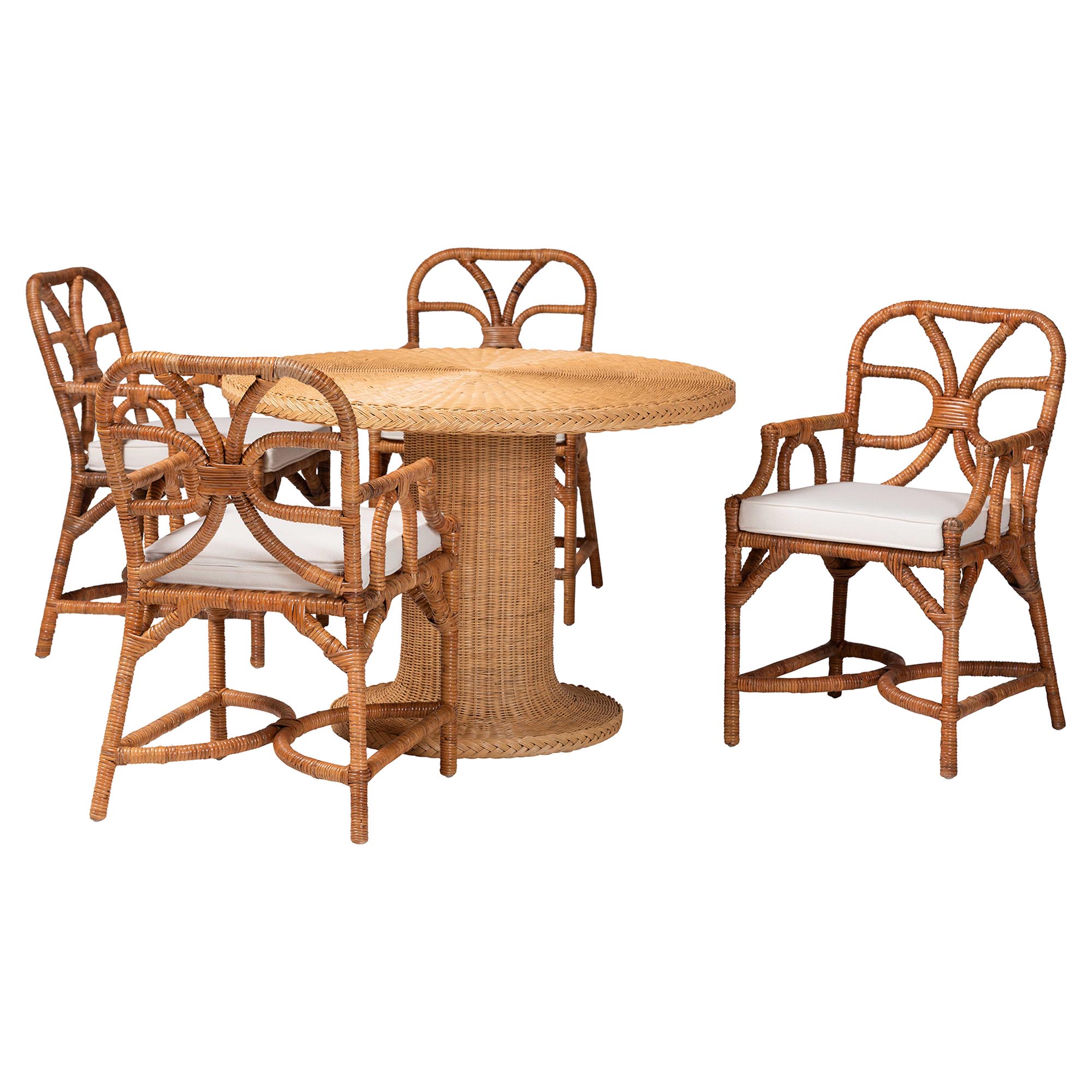 bali & pari Wade 5-Piece Rattan Dining Set - Round Wicker Table with Pedestal Base and 4 Armchairs, Handwoven Boho Coastal Style for Dining, Kitchen or Sun Room, Light Honey Affordable modern furniture in Chicago, classic dining room furniture, modern dining sets, cheap dining sets